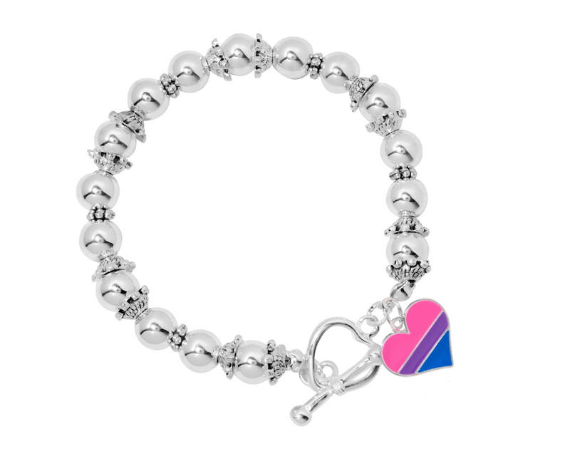 Wholesale Bisexual Flag Heart Silver Beaded Bracelets - We Are Pride