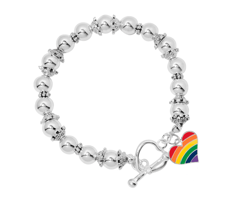 Bulk Gay Pride Rainbow Heart Charm Silver Beaded Bracelets, LGBTQ