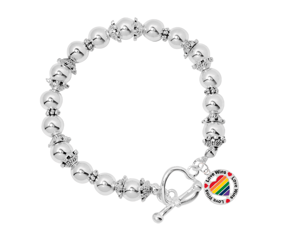 12 Love Wins Circle Rainbow Heart Charm Silver Beaded Bracelets