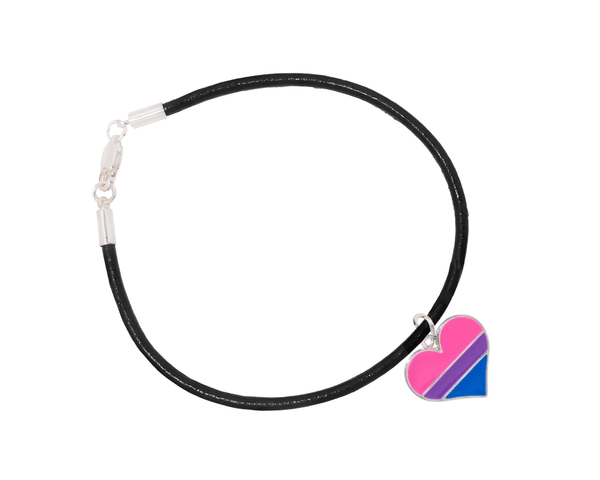 Bisexual Heart Charm Black Leather Cord Bracelets - We Are Pride Wholesale