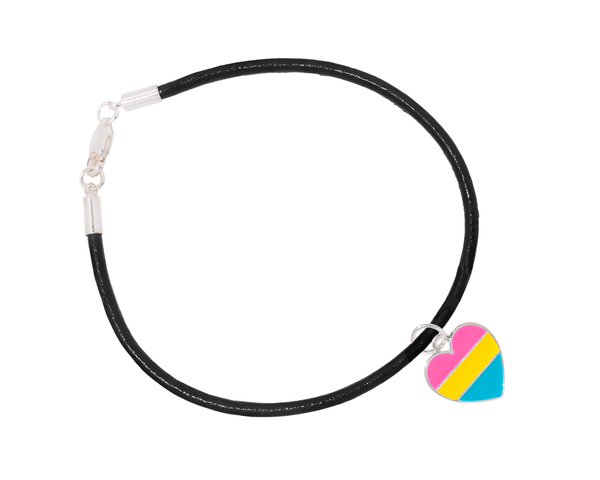 Pansexual Heart Charm Black Leather Cord Bracelets - We Are Pride Wholesale