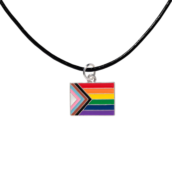 "Progress Pride" Flag by Daniel Quasar Charm on Black Cord Necklaces, Gay Pride Awareness Pendants