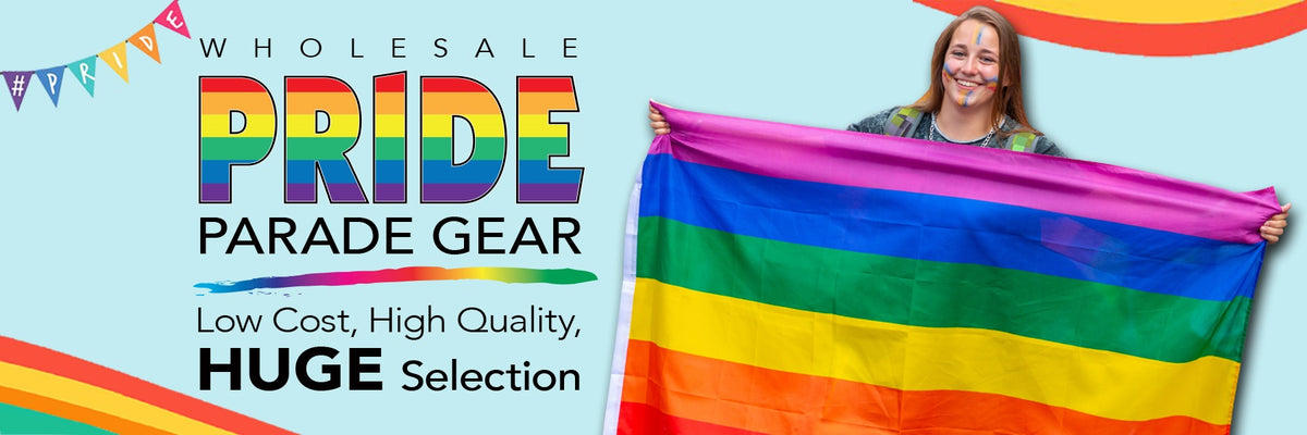 Wholesale Pride Gear for Pride Parades and Events.  Low Cost, High Quality, Largest Selection.  Gay Pride gear includes Rainbow, Transgender, Bisexual, Daniel Quasar, Asexual, Pansexual, Bear Brotherhood, Straight Ally, Non Binary, Lesbian, Homosexual.