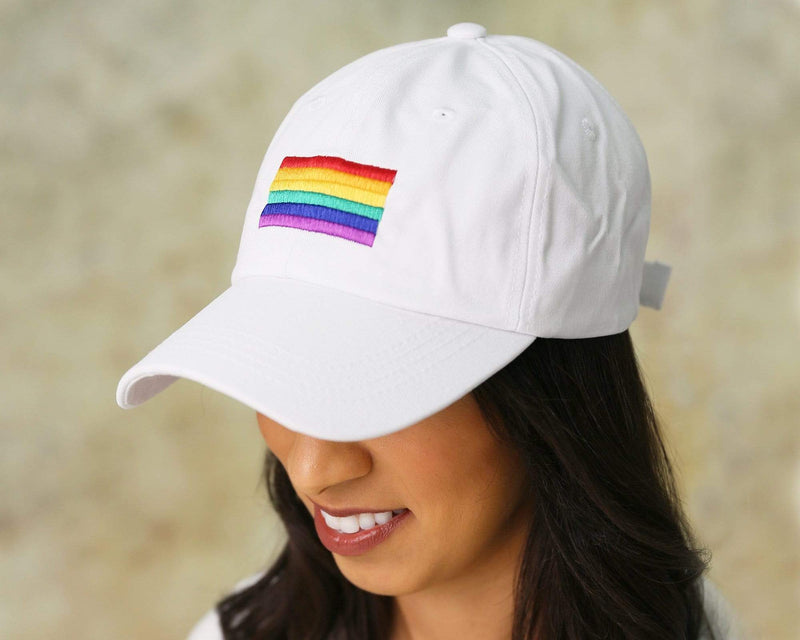 Bulk Embroidered Rainbow Rectangle Flag Hats in White - We Are Pride Wholesale