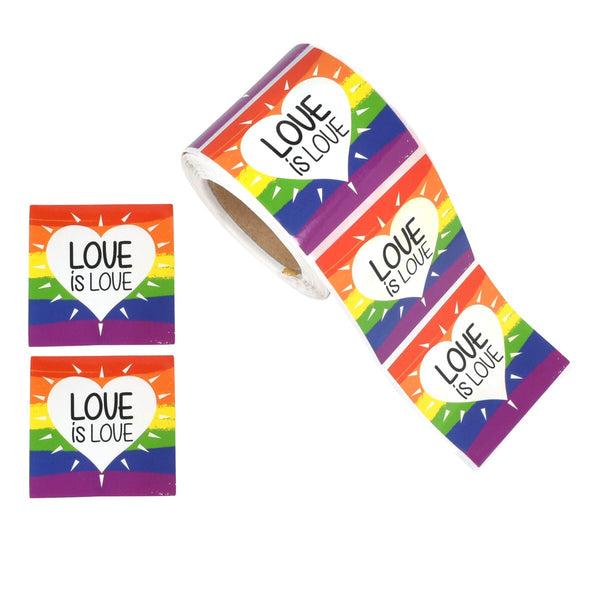Square Bulk Rainbow Love is Love Heart Stickers, LGBTQ Gay Pride Awareness